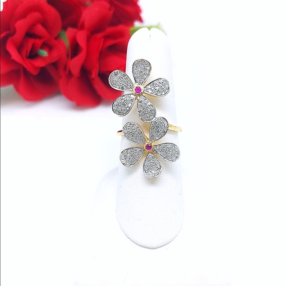 Sale! Oxidized Diamond Double Flower Knuckle to Knuckle Ring w/Ruby Center, NWT - Picture 2 of 8